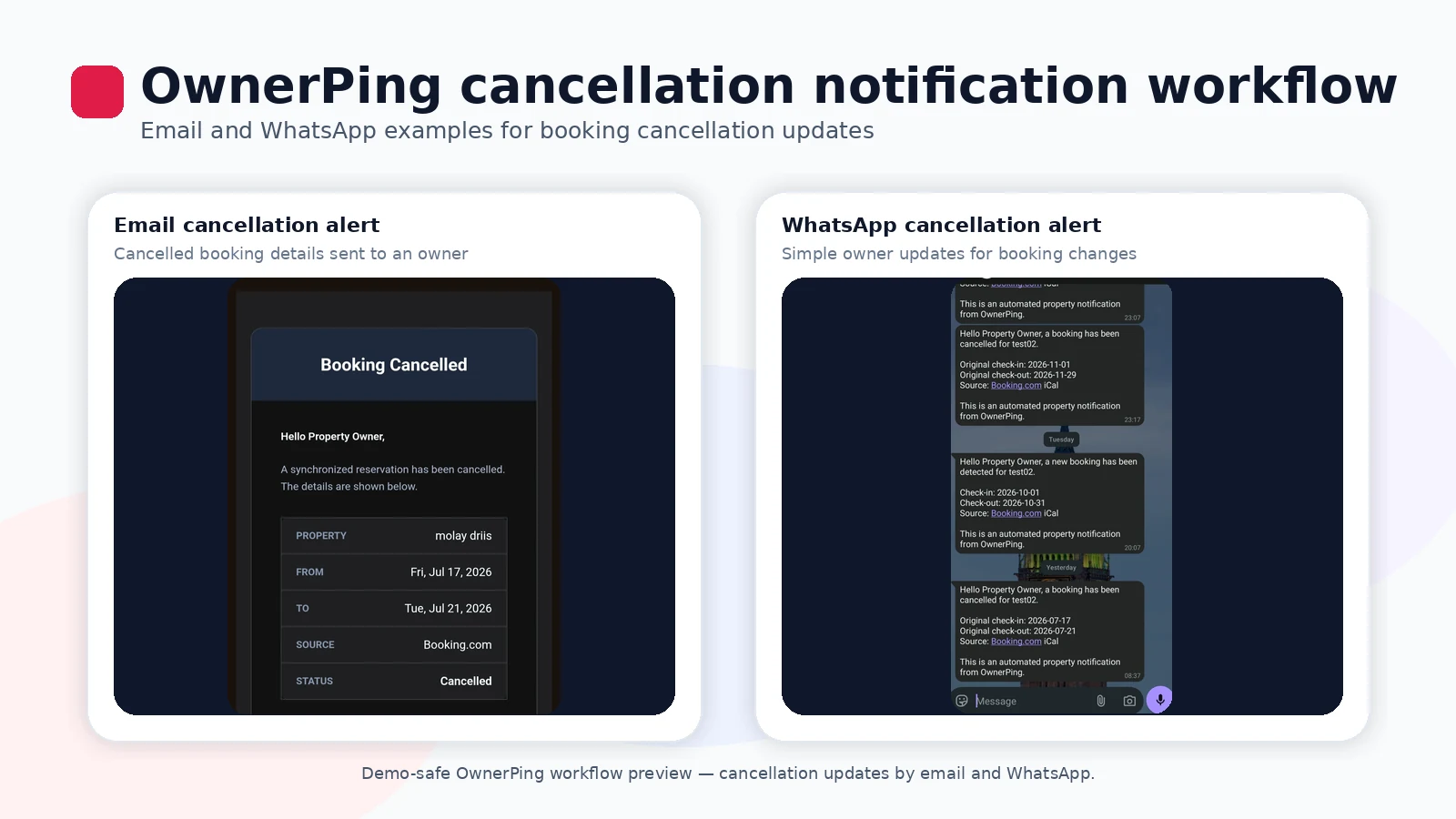 OwnerPing email and WhatsApp cancellation notification examples for property owners.