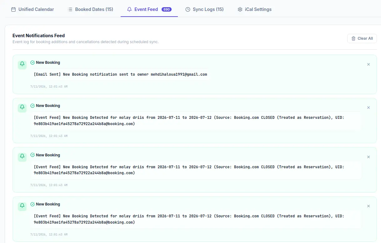 OwnerPing dashboard preview showing connected iCal feed monitoring for rental agency properties.
