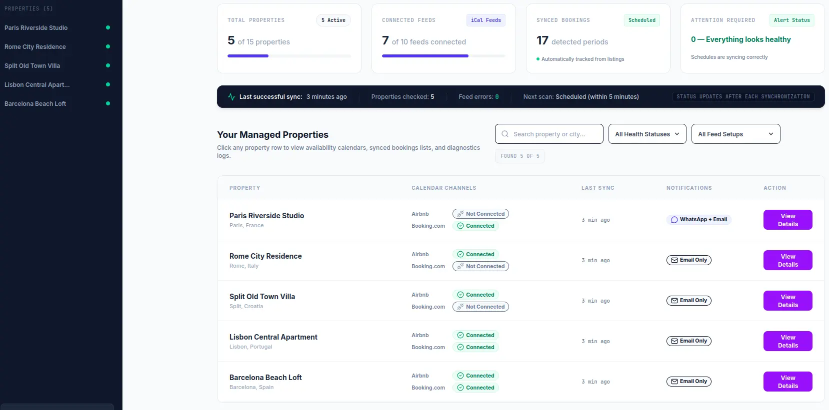 OwnerPing dashboard preview for rental agencies monitoring Airbnb iCal feeds and owner notification workflows.