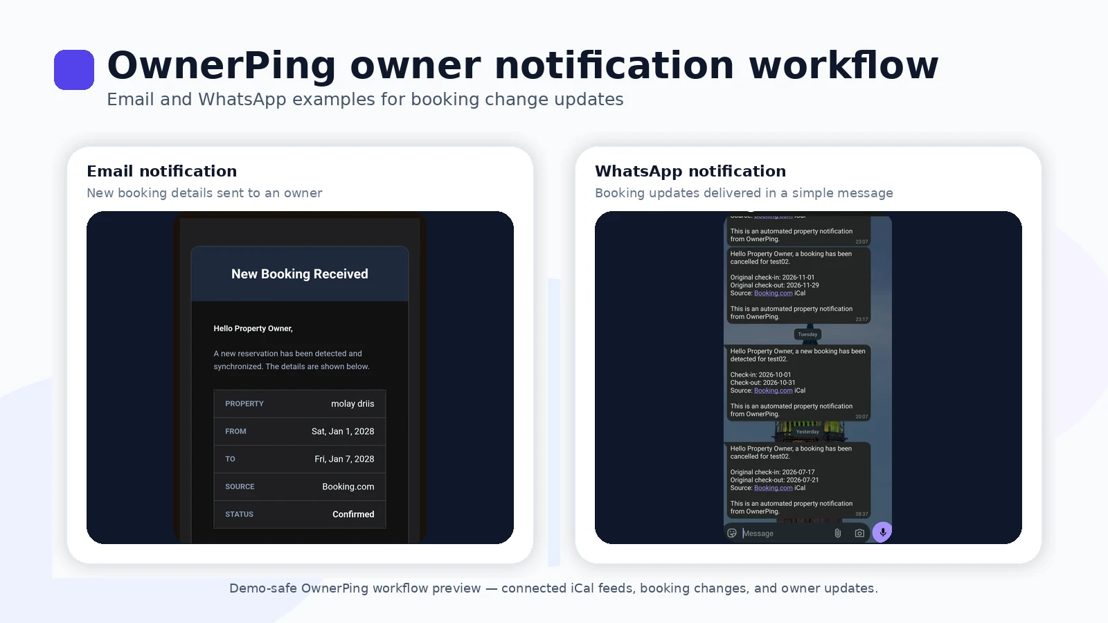 OwnerPing event feed showing booking change detection and owner notification status for a demo rental property.